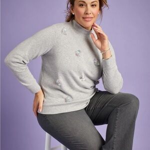 Talbots Gray Cotton Blend Embellished Mockneck‎ Sweatshirt Size  2X